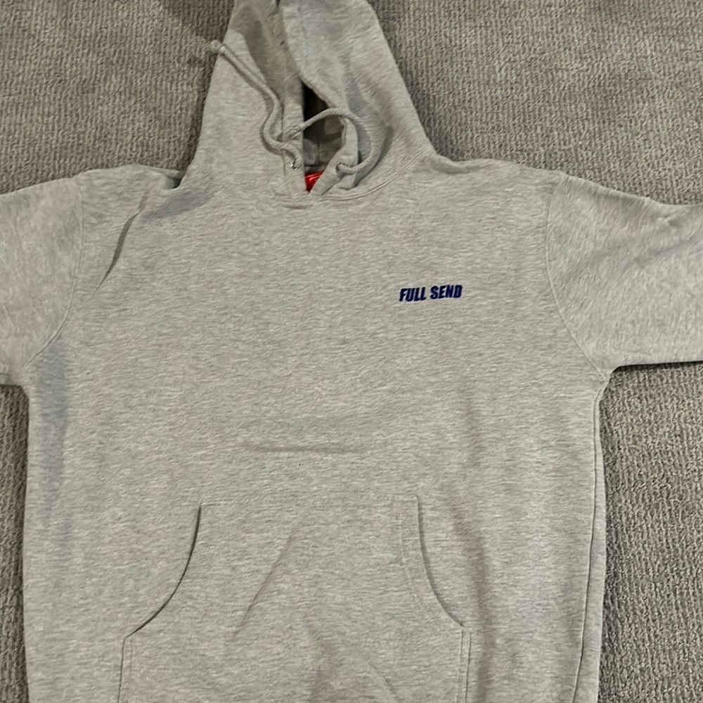 Grey full send sweatshirt with blue detailing